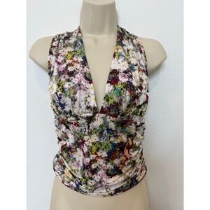 Guess Marilyn Floral Daisy Halter Top Ruched V-Neck Blouse Multi Color Small